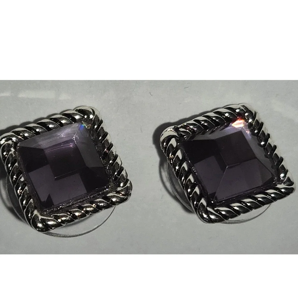 Square Purple Gem‎ Stud Earrings Silver Tone Twisted Rope Border Women
